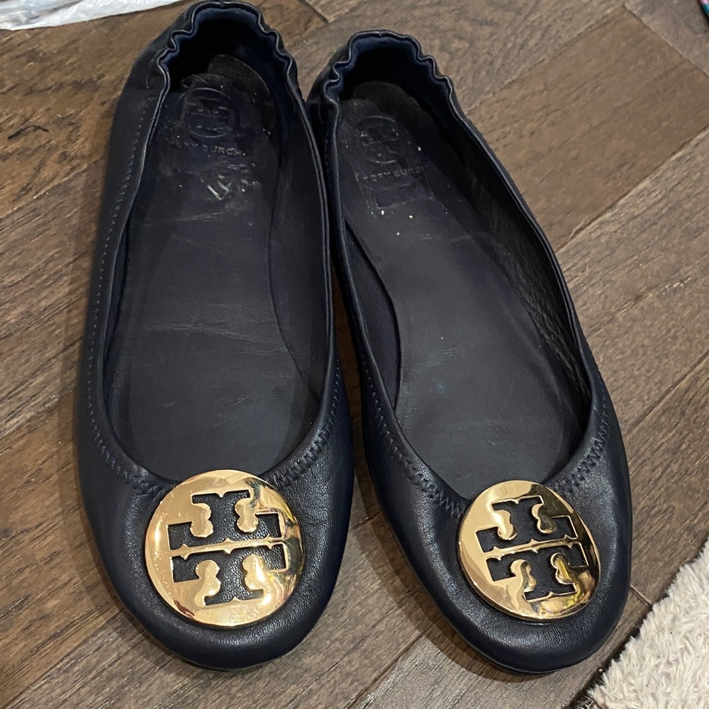 Tory Burch Black Flats with Gold Emblem